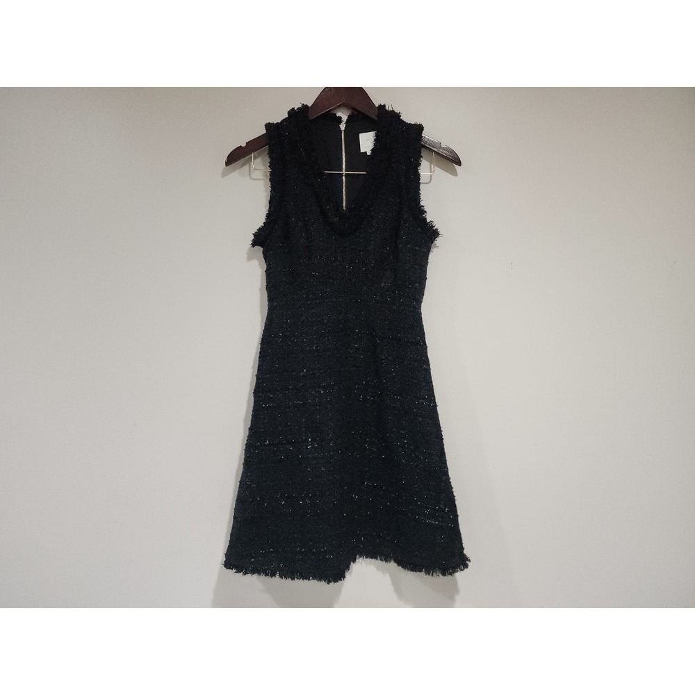 Kate Spade Sparkle Fit & Flare Tweed Dress Womens 00 Black Fringe Trim Back Zip